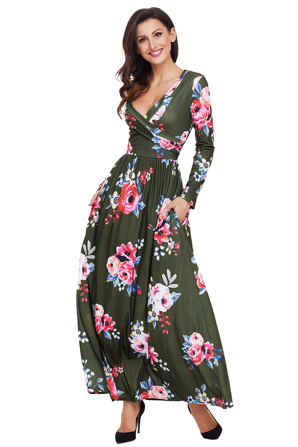 BY61772-9 Olive Floral Surplice Long Sleeve Maxi Boho Dress